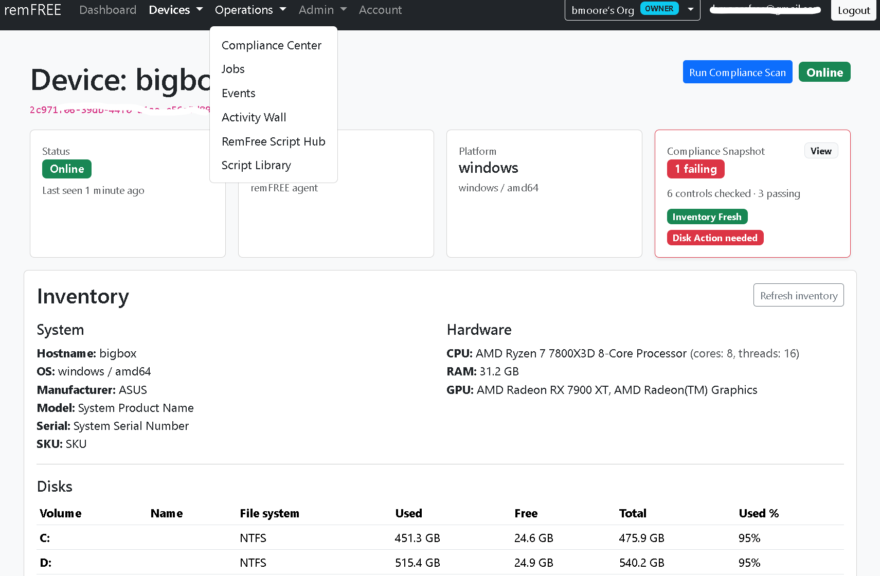 remFREE dashboard and device visibility